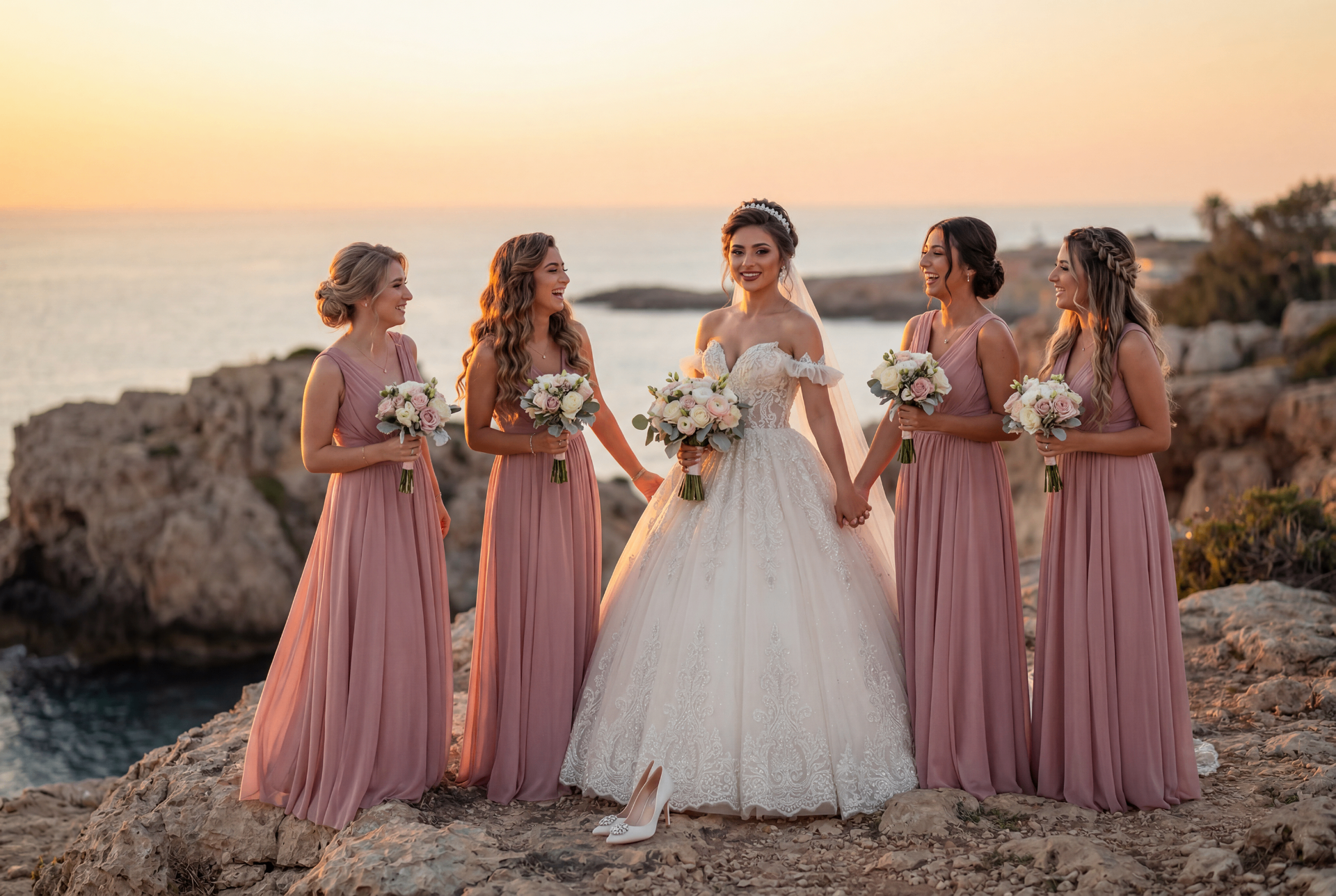Bride with bridesmaids in blush gowns on seaside cliff at sunset