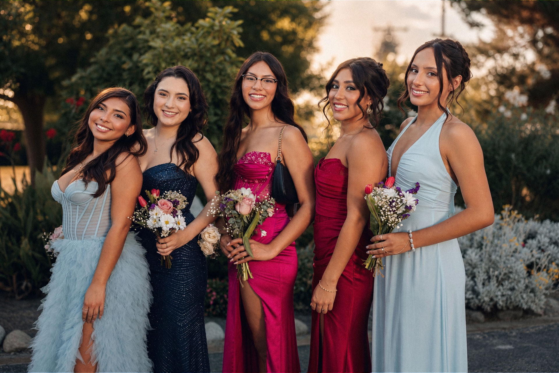 Prom group with bouquets at golden hour