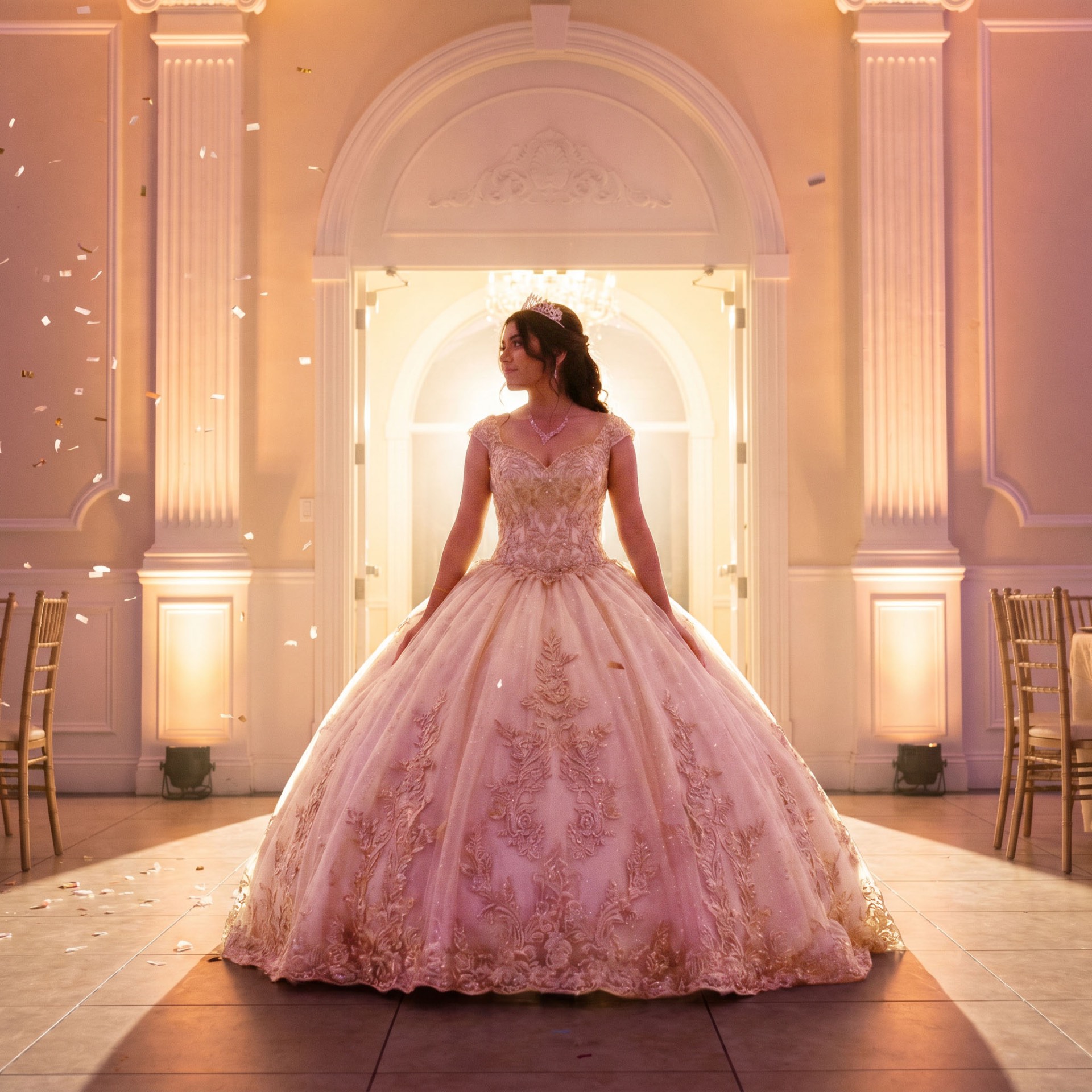 Quinceañera in pink ballgown with confetti