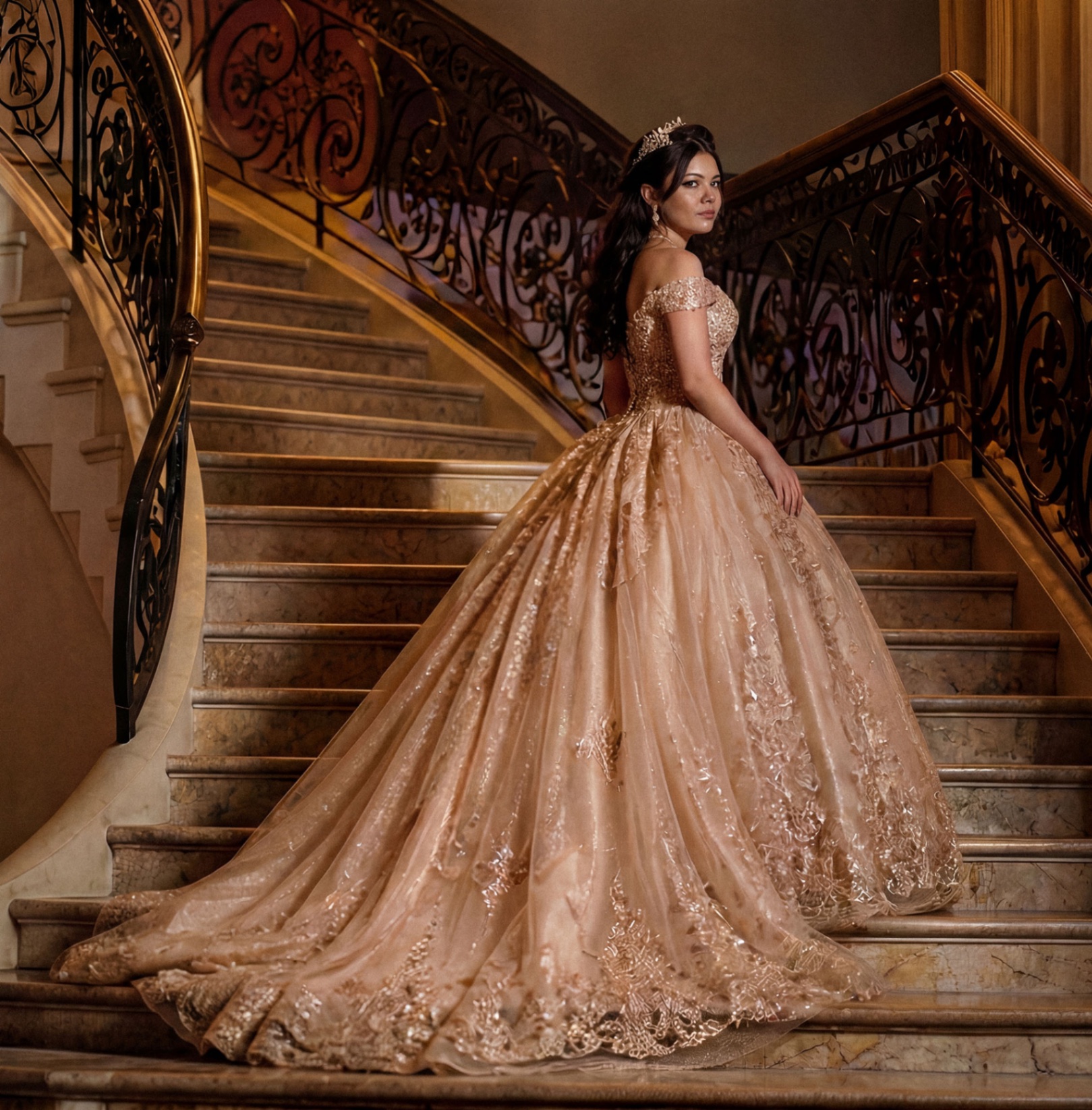 Quinceañera in rose gold gown on grand staircase