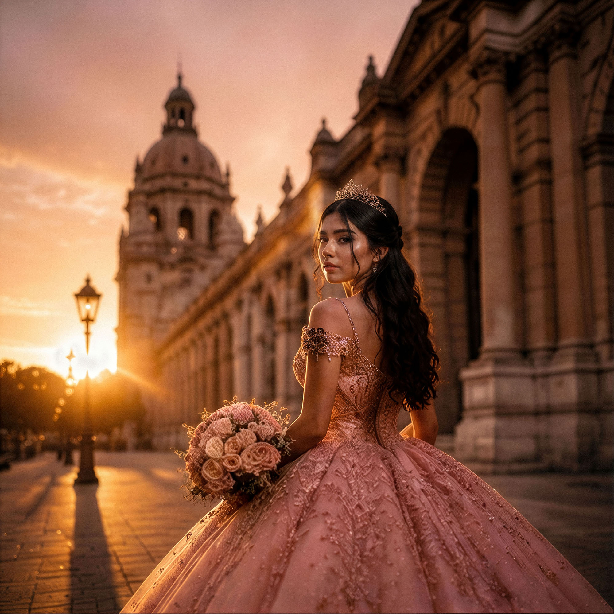 Quinceañera in rose gown at sunset by cathedral